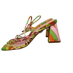 Miss Lola Sandals Size 7.5 Multicolored Strappy Block Heels Retro Print